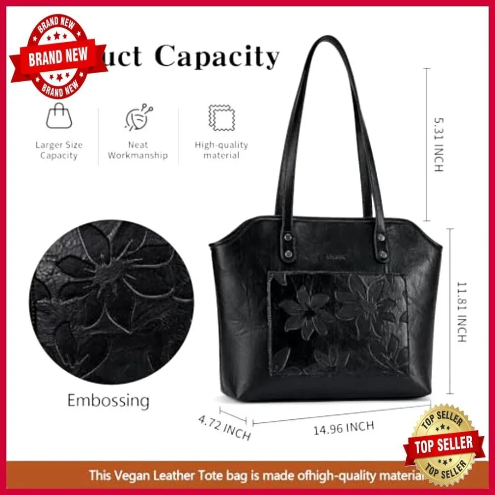 Large Vegan Leather Tote Bag with Zipper Closure for Work Travel